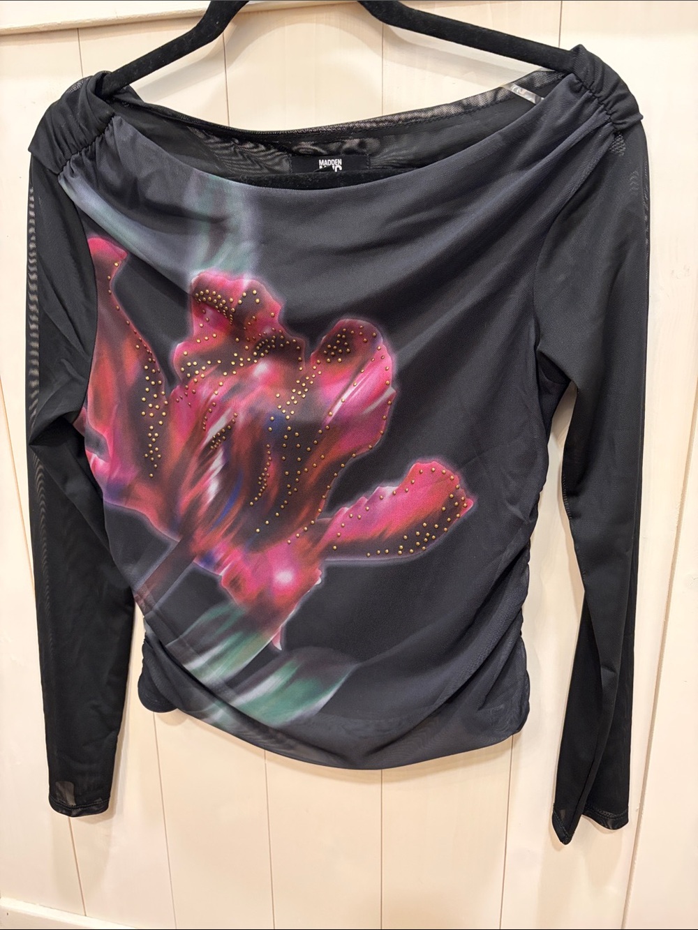 Black Long-Sleeve Floral Tee with Pink Accent - Women